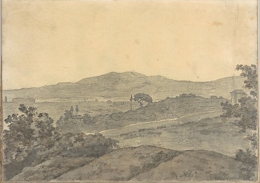 Landscape with distant buildings, near Rome (Smaller Italian sketchbook, leaf 28 recto)