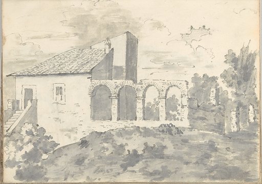 Tile-roofed building with an arcade, part of the walls at Rome (Smaller Italian sketchbook, leaf 31 recto)