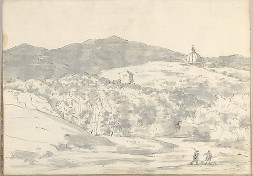 Landscape with a towered building and domed church, near Rome (Smaller Italian sketchbook, leaf 32 recto)