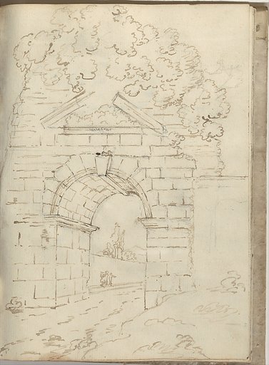 Overgrown Roman arch spanning a road (Smaller Italian sketchbook, leaf 34 recto)