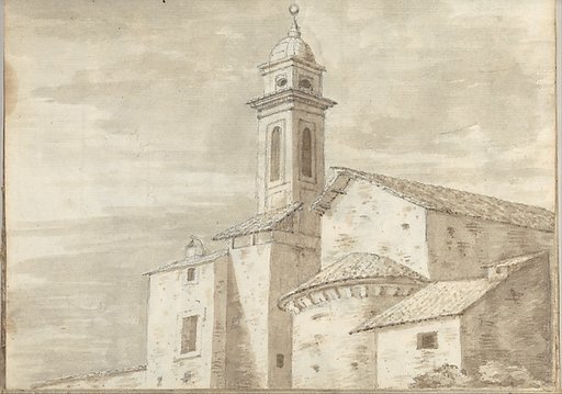 Church with a tower and tiled roof, at Rome (Smaller Italian sketchbook, leaf 36 recto)