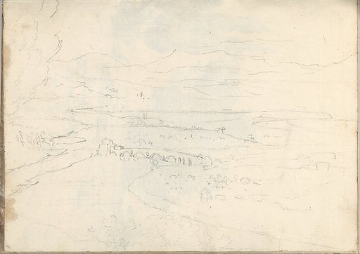 Landscape with a river, arched bridge and distant mountains, near Rome (Smaller Italian Sketchbook, leaf 39 recto)