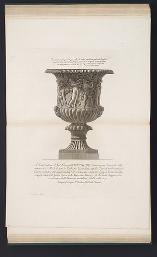 Vase decorated with a Bacchanalian frieze, from "Vasi, candelabri, cippi, sarcofagi, tripodi, lucerne, ed ornamenti antichi disegnati ed incisi dal Cav. Gio. Batt. Piranesi, Vol. II" (Vases, candelabra, grave stones, sarcophagi, tripods, lamps, and ornaments designed and etched by Cavalieri Giovanni