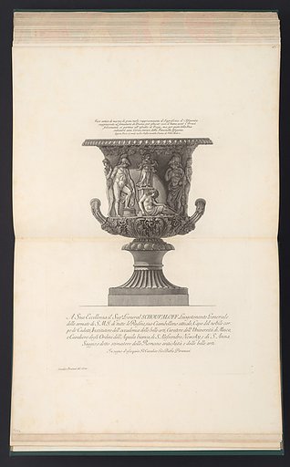 Large marble vase decorated with a relief of the sacrifice of Iphigenia, from "Vasi, candelabri, cippi, sarcofagi, tripodi, lucerne, ed ornamenti antichi disegnati ed incisi dal Cav. Gio. Batt. Piranesi, Vol. II" (Vases, candelabra, grave stones, sarcophagi, tripods, lamps, and ornaments designed an