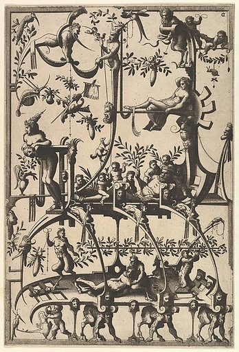 Surface Decoration, Grotesque with Strapwork, Borne by Satyrs from Veelderleij Veranderinghe van grotissen ende Compertimenten...Libro Primo