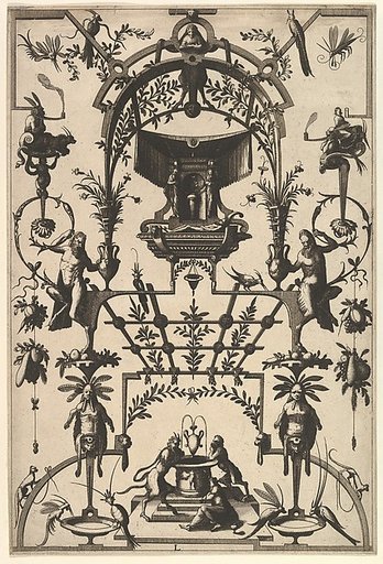Surface Decoration, Grotesque with Strapwork and Pergolas, Burial Scene above center from Veelderleij Veranderinghe van grotissen ende Compertimenten...Libro Primo
