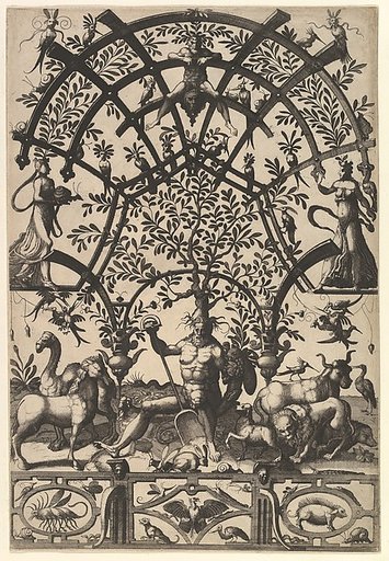 Personification of Earth, with Spade and Horn, Supporting a Tree and Lattice on His Head, A Frieze underneath from Veelderleij niewe inventien van antijckesche sepultueren diemen nou zeere ghebruijkende is met noch zeer fraeije grotissen en compertimenten zeer beqwame voer beeltsniders antijcksnider