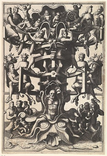 Man Sitting on an Auricular Mask, Supporting a Strapwork Frame on His Shoulders from Veelderleij niewe inventien van antijckesche sepultueren diemen nou zeere ghebruijkende is met noch zeer fraeije grotissen en compertimenten zeer beqwame voer beeltsniders antijcksniders schilders en all constenaers