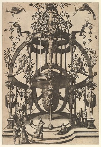 Vase Placed in Center of a Tempietto with Lattice, an Arch at the Top from Veelderleij niewe inventien van antijckesche sepultueren diemen nou zeere ghebruijkende is met noch zeer fraeije grotissen en compertimenten zeer beqwame voer beeltsniders antijcksniders schilders en all constenaers...Libro S