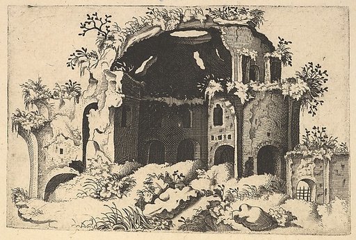 Horizontal Landscape with the remains of the Nymphaeum, mistakenly identified as the Temple of Minerva Medica in Rome, from "Ruinarum variarum fabricarum delineationes pictoribus caeterisque id genus artificibus multum utiles"