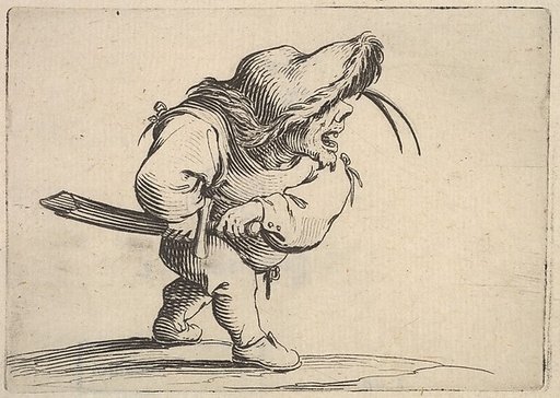 Small male figure stopping to draw his sword, in profile view with open mouth and left foot positioned forward, from "Varie Figure Gobbi"