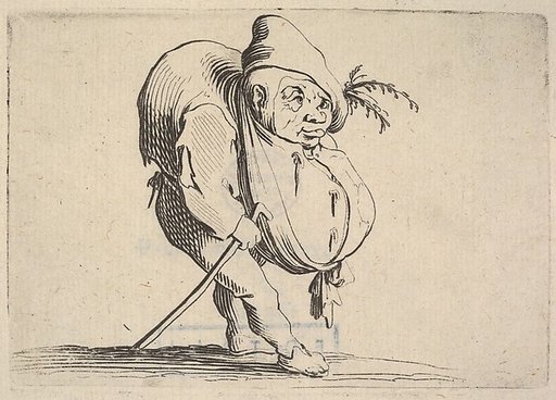 Small figure striding forward with cane and bulging abdomen, body in profile view and head in three-quarters view, from "Varie Figure Gobbi"