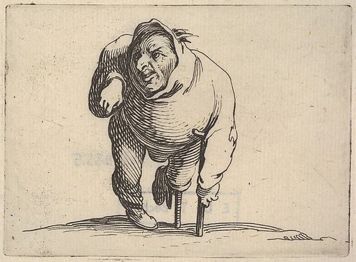 Small male figure with peg leg and crutch, in frontal view, from "Varie Figure Gobbi"