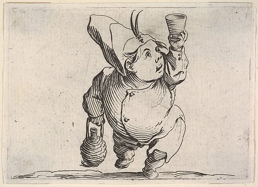 Small male figure in feathered cap with upraised hand holding a cup and other hand grasping a handled vessel, in frontal view, from "Varie Figure Gobbi"