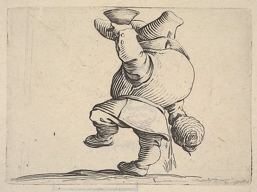 Small male figure in profile view whose face is hidden by his upraised arm holding a cup, with lowered hand grasping a vessel, from "Varie Figure Gobbi"