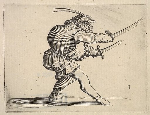 Masked small figure with a sword in both hands, in profile view, striding to the right, from "Varie Figure Gobbi"