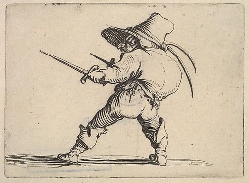 Small male figure wearing a hat, with daggers in both hands, and placing his weight on his right foot as he stretches his left foot forward, from "Varie Figure Gobbi"