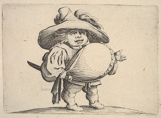 Small male figure in three-quarter view with outstreched left hand and right hand grasping sword at hip, from "Varie Figure Gobbi"