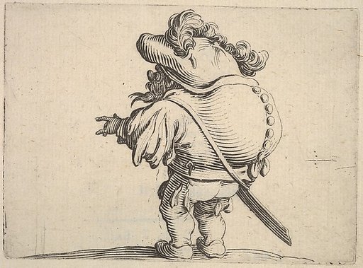 Small male figure with outstreched left hand, seen from the back, which bulges, from "Varie Figure Gobbi"
