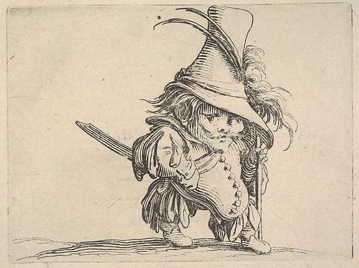 Small male figure in feathered hat with walking stick in left hand, from "Varie Figure Gobbi"