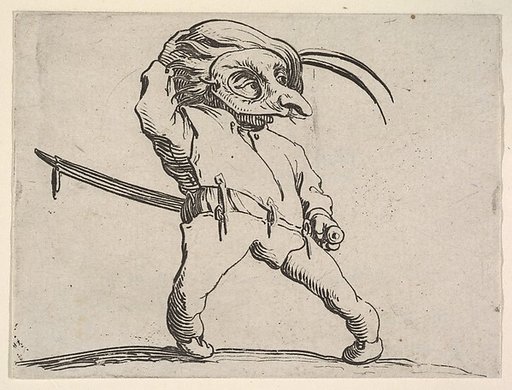 Masked, small male figure with right hand grasping hat and left hand grasping sword hilt, from "Varie Figure Gobbi"