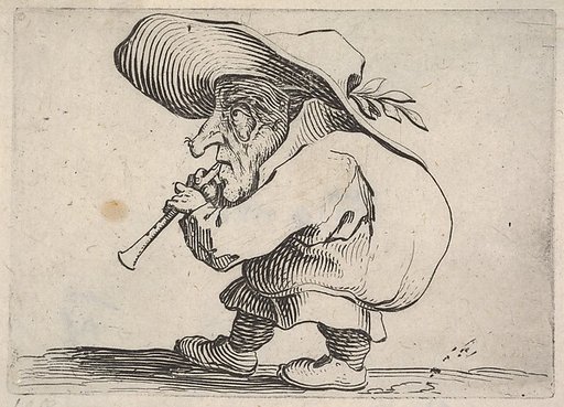 Small male figure playing a wind instrument, in profile view, from "Varie Figure Gobbi"