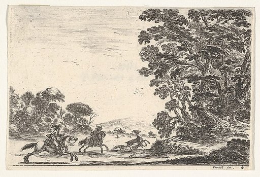 Plate 4: a deer hunt, two horsemen galloping towards the left behind three dogs and a deer, a group of trees to right, from "Various Figures" (Agréable diversité de figures)