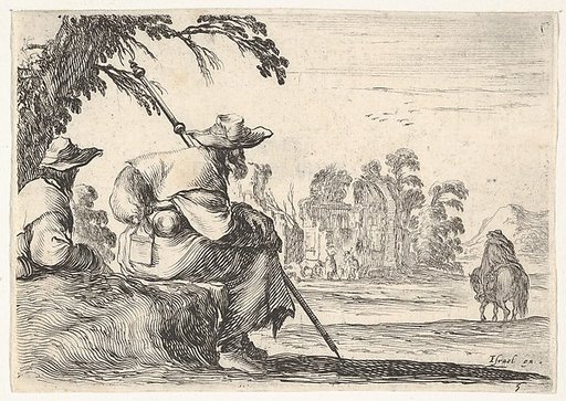 Plate 5: two pilgrims with hats rest to the left, seen from behind, a horseman rides towards the background to the right, from "Various Figures" (Agréable diversité de figures)