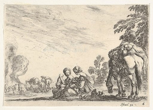 Plate 6: two women, one nursing a child, seated next to a dog and a horse carrying a pack, horses and figures to left in the background, from "Various Figures" (Agréable diversité de figures)