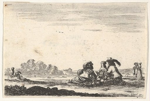 Plate 7: Two noblemen seated in center, seen from behind, conversing with a noblewoman seated between them, a noblewoman and man seated to left in background and standing to right in background, from "Various Figures" (Agréable diversité de figures)