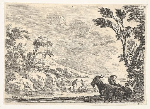 Plate 9: Two goats resting to right, turned towards the left, four men and a horse in a river in the background, from "Various Figures" (Agréable diversité de figures)