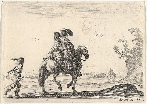 Plate 10: a horseman and a woman, seen from behind, riding towards the right with a young man following them to left, another horseman and woman to right in the background, from "Various Figures" (Agréable diversité de figures)