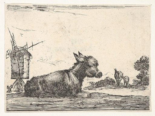 Plate 11: a resting donkey, a horse and a foal to right and a windmill to left in the background, from "Various Figures" (Agréable diversité de figures)