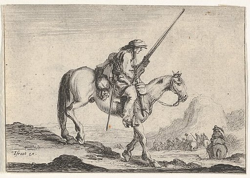 Plate 12: A soldier on horseback, holding a musket in his right hand, in profile descending a slope towards the right, other soldiers on horseback to right in the background, from "Various Figures" (Agréable diversité de figures)