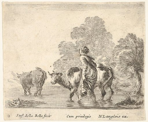 Plate 2: a peasant woman herds two cows across a stream, walking towards the left, from "Diversi Capricci"