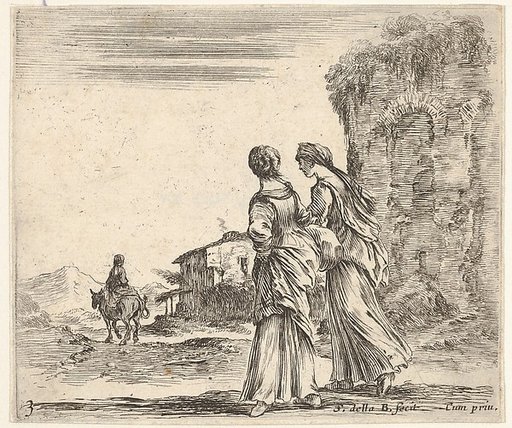 Plate 3: two girls walking towards the left, seen from behind, a woman on a horse to left in background, from "Diversi Capricci"