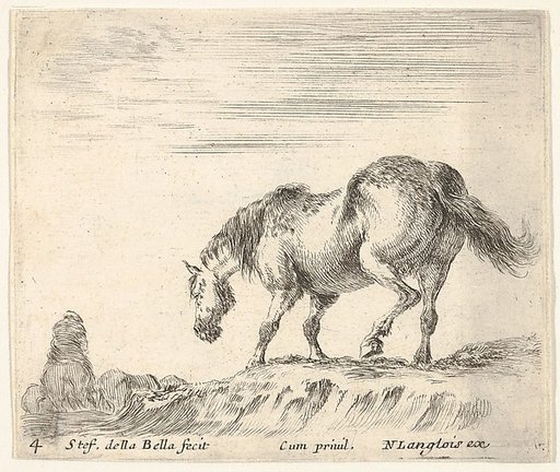 Plate 4: a horse in profile facing the left, about to descend from a mound, a horseman to left in background, from "Diversi Capricci"