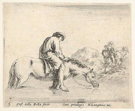 Plate 5: a barefoot peasant on horseback crossing a river, another peasant on horseback and leading a horse on a bank to right in the background, from "Diversi Capricci"