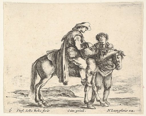 Plate 6: a peasant on horseback in profile facing the right, holding a basket and talking to another man standing behind the horse, from "Diversi Capricci"