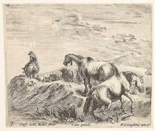 Plate 7: two horses ascending the bank of a river at right, following a procession of horses and one horseman to the left, from "Diversi Capricci"