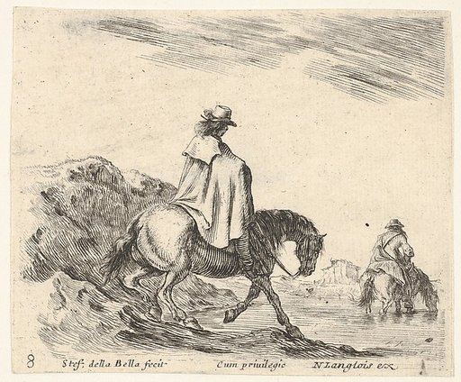 Plate 8: a horseman descends a riverbank, another horseman in river to right, from "Diversi Capricci"