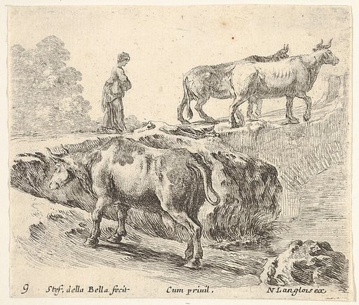 Plate 9: a cow ascending a bank, a peasant woman leading two cows across a bridge in background, from "Diversi Capricci"