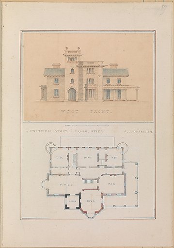 West Front and Principal Floor Plan of John Munn House, Utica, New York
