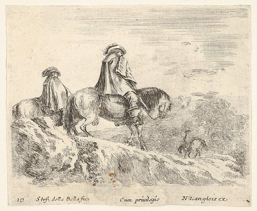 Plate 10: two horsemen descending a mountain at left, another horseman to right in background, from "Diversi Capricci"