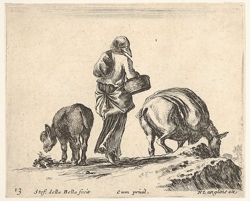 Plate 13: a peasant woman, seen from the back, holding a basket in center, a donkey to left and a horse with a pack on its back to right, from "Diversi Capricci"