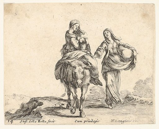 Plate 14: a young peasant woman and her child sitting side saddle atop a horse in center, another peasant woman to right, holding a large bag in her left arm, from "Diversi Capricci"