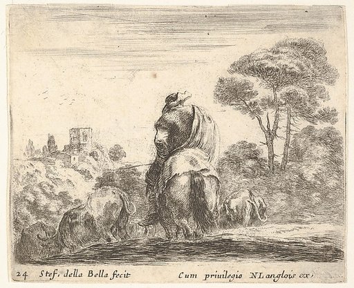 Plate 24: herdsman atop a horse, seen from behind, leads his cattle down a hill, a tower on a hill to left in the background, from "Diversi Capricci"