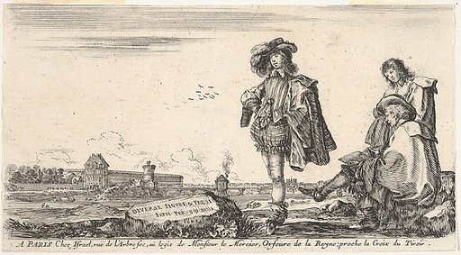A well-dressed man standing in center looking towards the left, a seated man, possibly the engraver, is drawing with another man watching him to right, a view of Paris to left in the background, title page for "Various figures and lands" (Diverse figure e paesi)