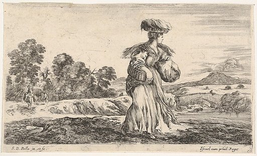 A peasant woman, standing in center facing right, carrying one basket on her head and another in her right arm, another peasant woman on a donkey and a figure on foot to left in the background, from "Various figures and lands" (Diverse figure e paesi)