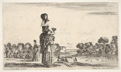 A lady standing in center holding a fan watching the bathers in the river to right, other ladies and men watching bathers to left in the background, from "Various figures and lands" (Diverse figure e paesi)